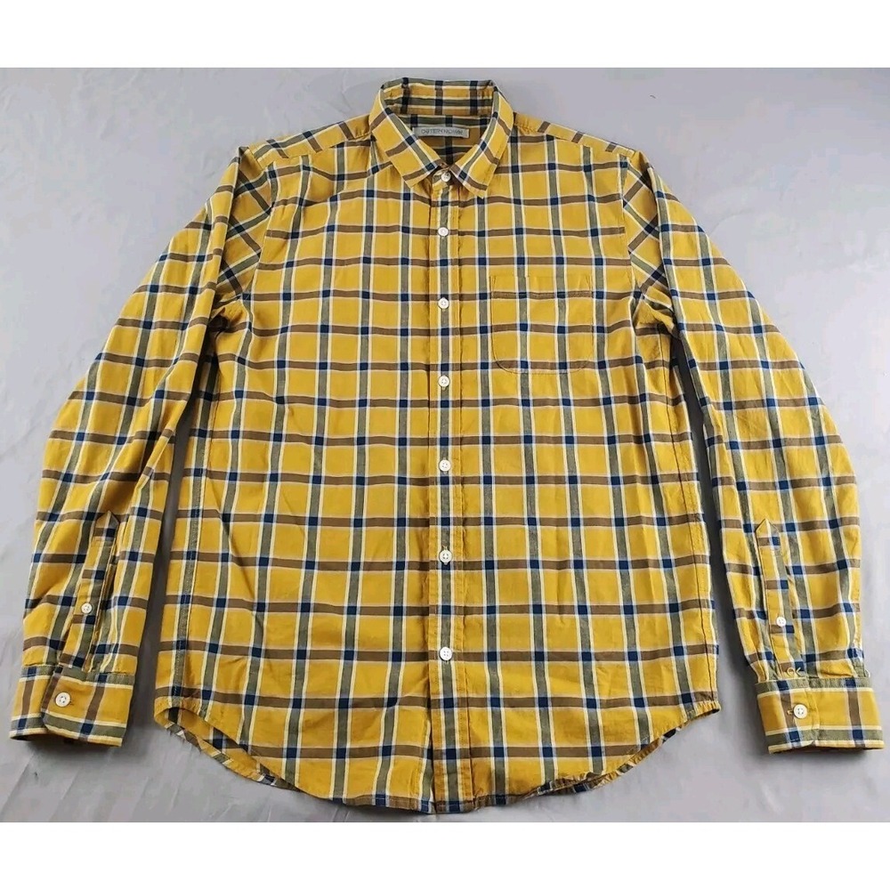 Outerknown Shirt Mens Medium Yellow Plaid Button Up Cotton Long Sleeve Pockets